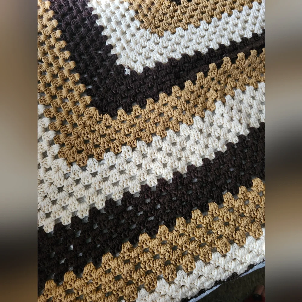 Handmade Vintage Crochet Blanket in Brown and Cream Uneque 57x54